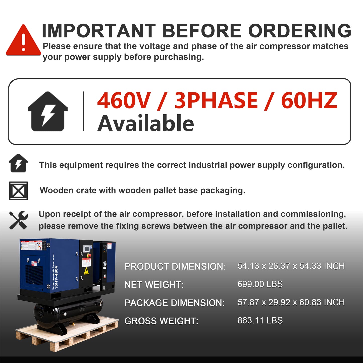 10HP Combined Rotary Screw Air Compressor with Dryer & 39.6-Gal ASME Tank – 34CFM, 125PSI, 460V 3PHASE 60HZ Heavy Duty Air Compressed System – Industrial Grade, 4-in-1
