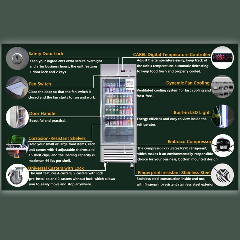 Commercial Refrigerator Single Glass Door Stainless Steel 27"W 18.68 Cu.ft.