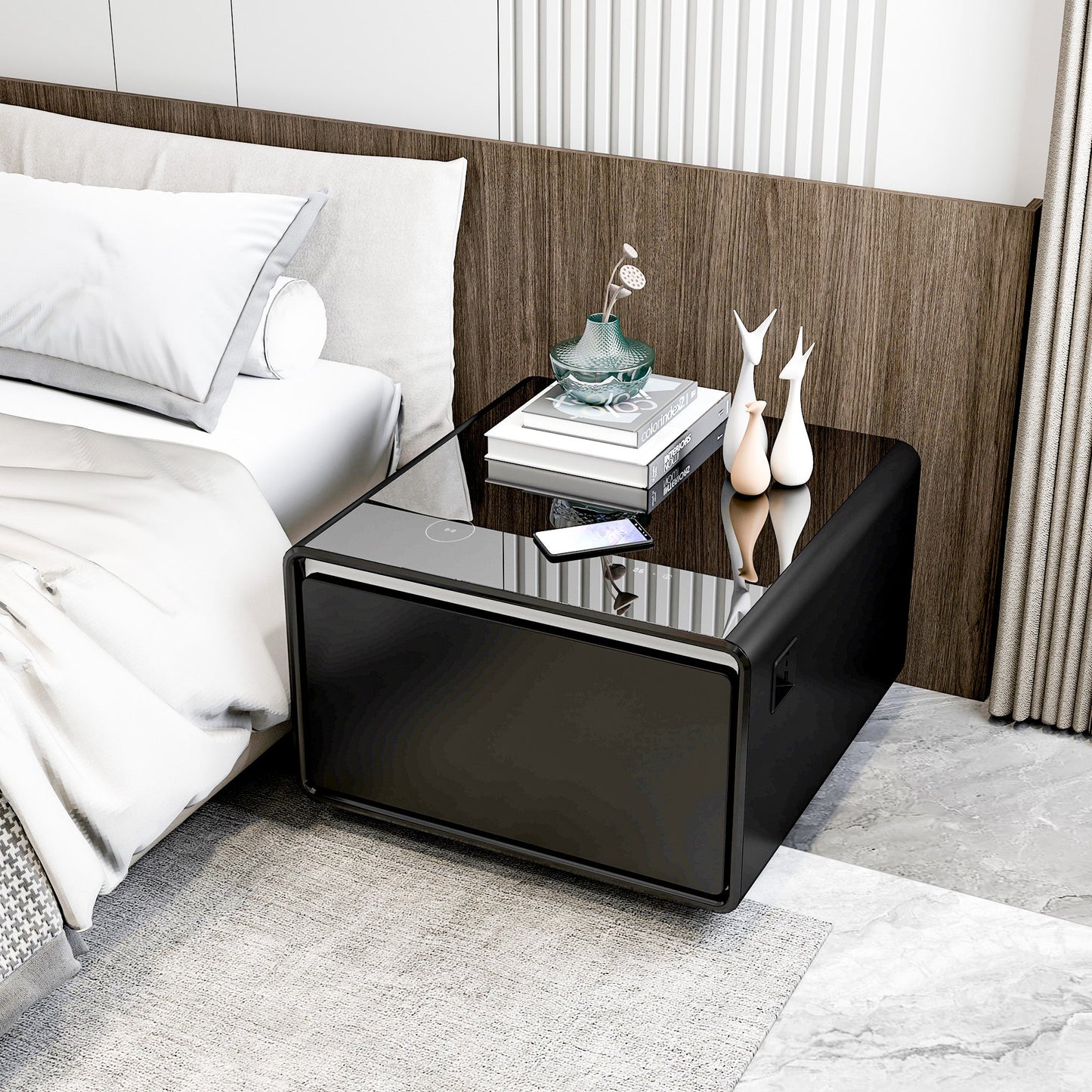 Modern Smart Side Table with Built - in Fridge Wireless Charging Black