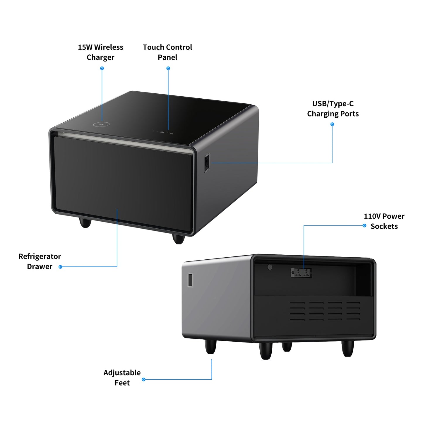 Modern Smart Side Table with Built - in Fridge Wireless Charging Black