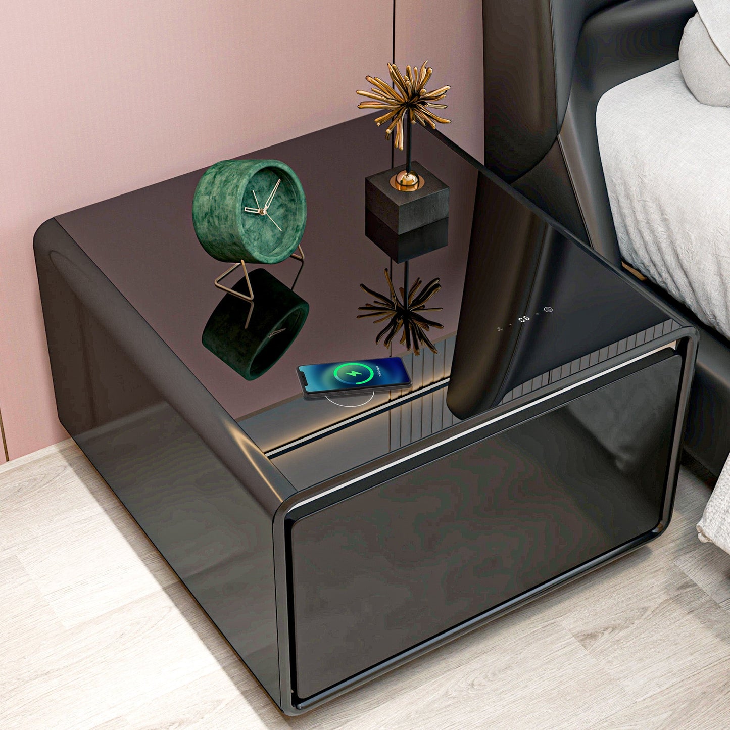 Modern Smart Side Table with Built - in Fridge Wireless Charging Black