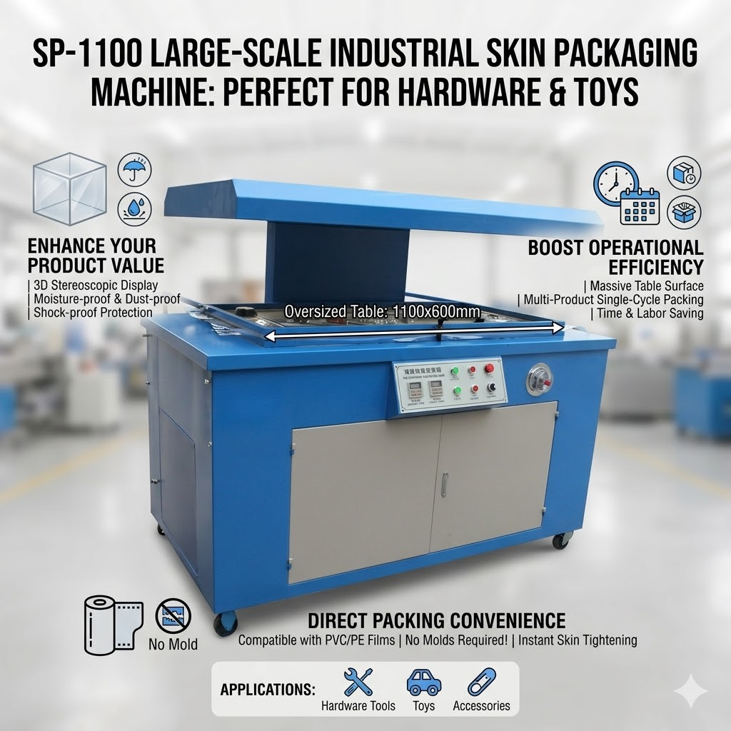 SP-1100 large-scale industrial skin packaging machine for hardware and toys, no molds required.