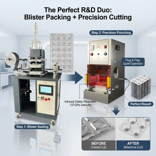 Pneumatic blister sealing machine and precision punching machine duo for R&D labs.