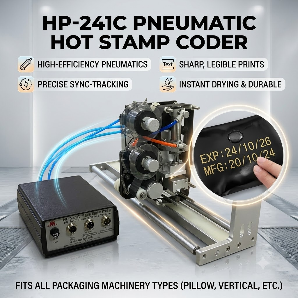 HP-241C pneumatic date coder printing EXP/MFG on plastic packaging