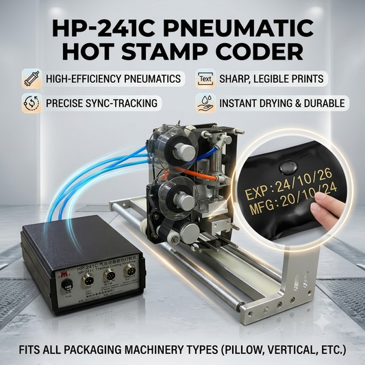HP-241C pneumatic date coder printing EXP/MFG on plastic packaging