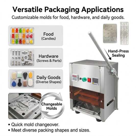 Manual blister packaging machine with changeable molds for food, hardware, and daily goods