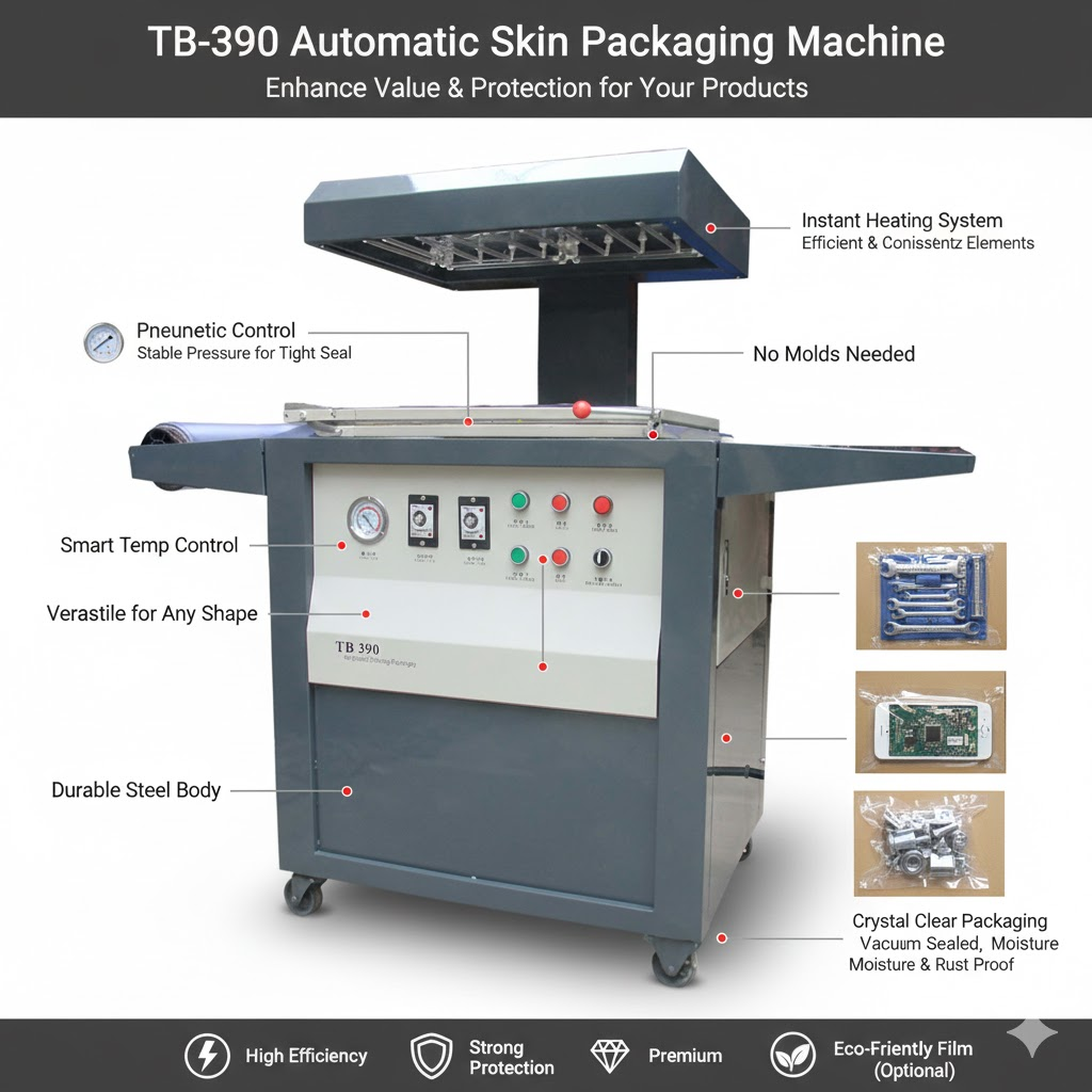 Control panel and heating area of the SP-390 skin packaging equipment