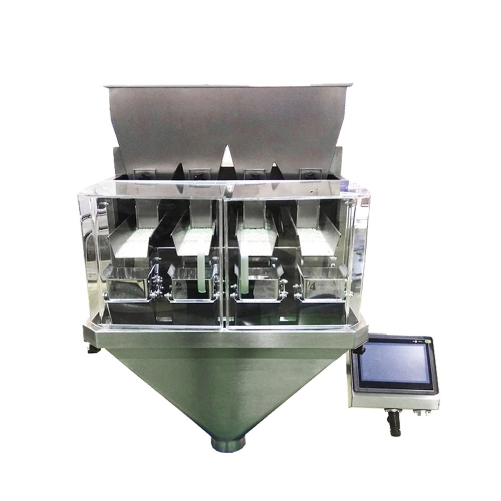 TD-4M Automatic 4-Head Linear Weigher Packing Machine front view showing four hoppers and touch screen control