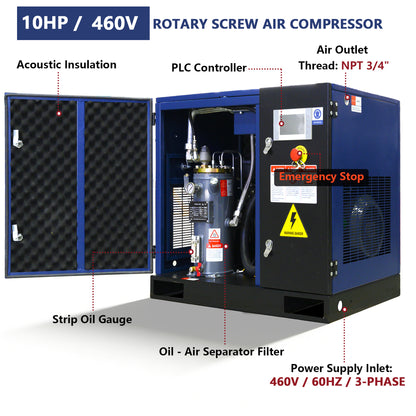 10HP Rotary Screw Air Compressor, 34CFM, 125PSI, 460V 3PHASE 60HZ, Fixed Speed Compressor, Industrial-Grade, Heavy Duty Air Compressed System