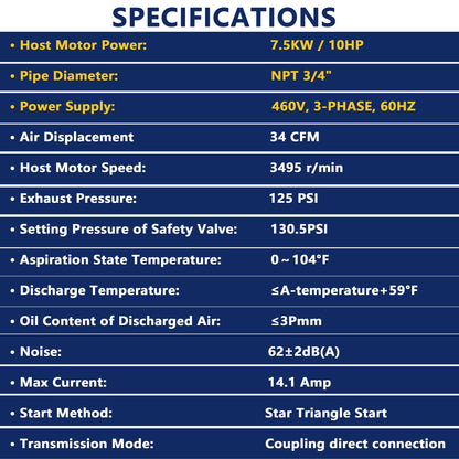 10HP Rotary Screw Air Compressor, 34CFM, 125PSI, 460V 3PHASE 60HZ, Fixed Speed Compressor, Industrial-Grade, Heavy Duty Air Compressed System