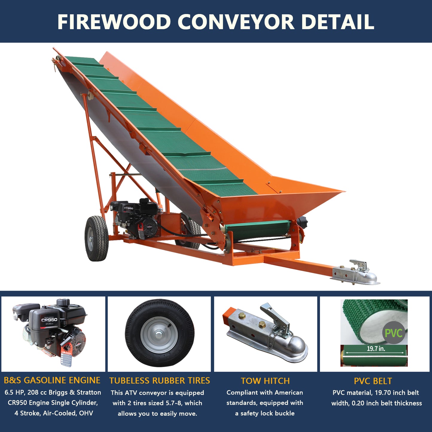 Firewood Conveyor with B&S Engine 6.5HP 208cc Gasoline Powered 19.7" Width PVC Belt Wood Conveyor