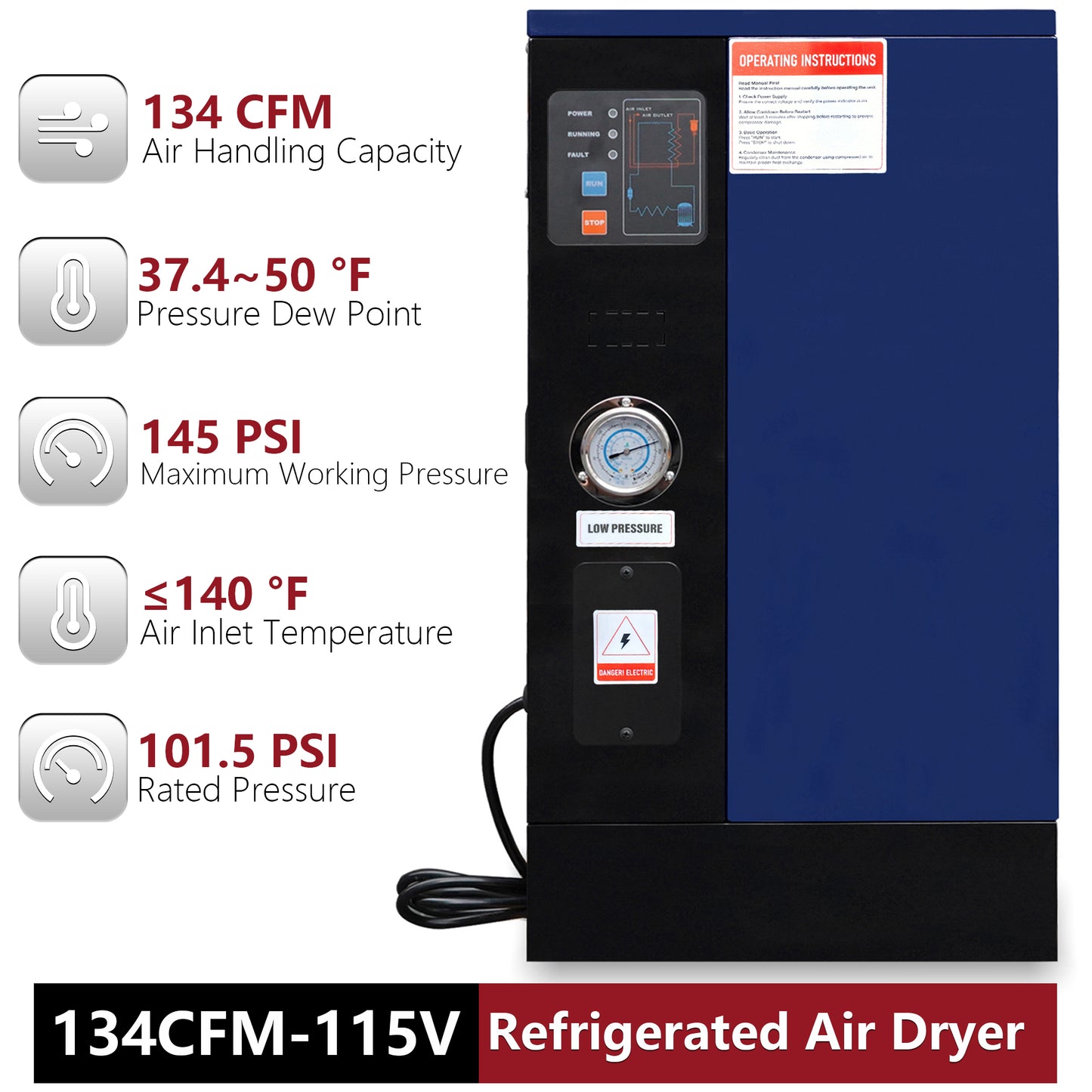 134CFM Refrigerated Air Dryer for 15HP & 20HP & 30HP Air Compressors, 1PHASE 115V, Refrigerated Air Compressor Dryer, Compressed Air Systems, Industrial Refrigerated Compressed Air Dryer