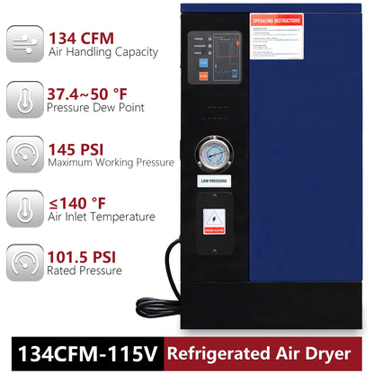 134CFM Refrigerated Air Dryer for 15HP & 20HP & 30HP Air Compressors, 1PHASE 115V, Refrigerated Air Compressor Dryer, Compressed Air Systems, Industrial Refrigerated Compressed Air Dryer
