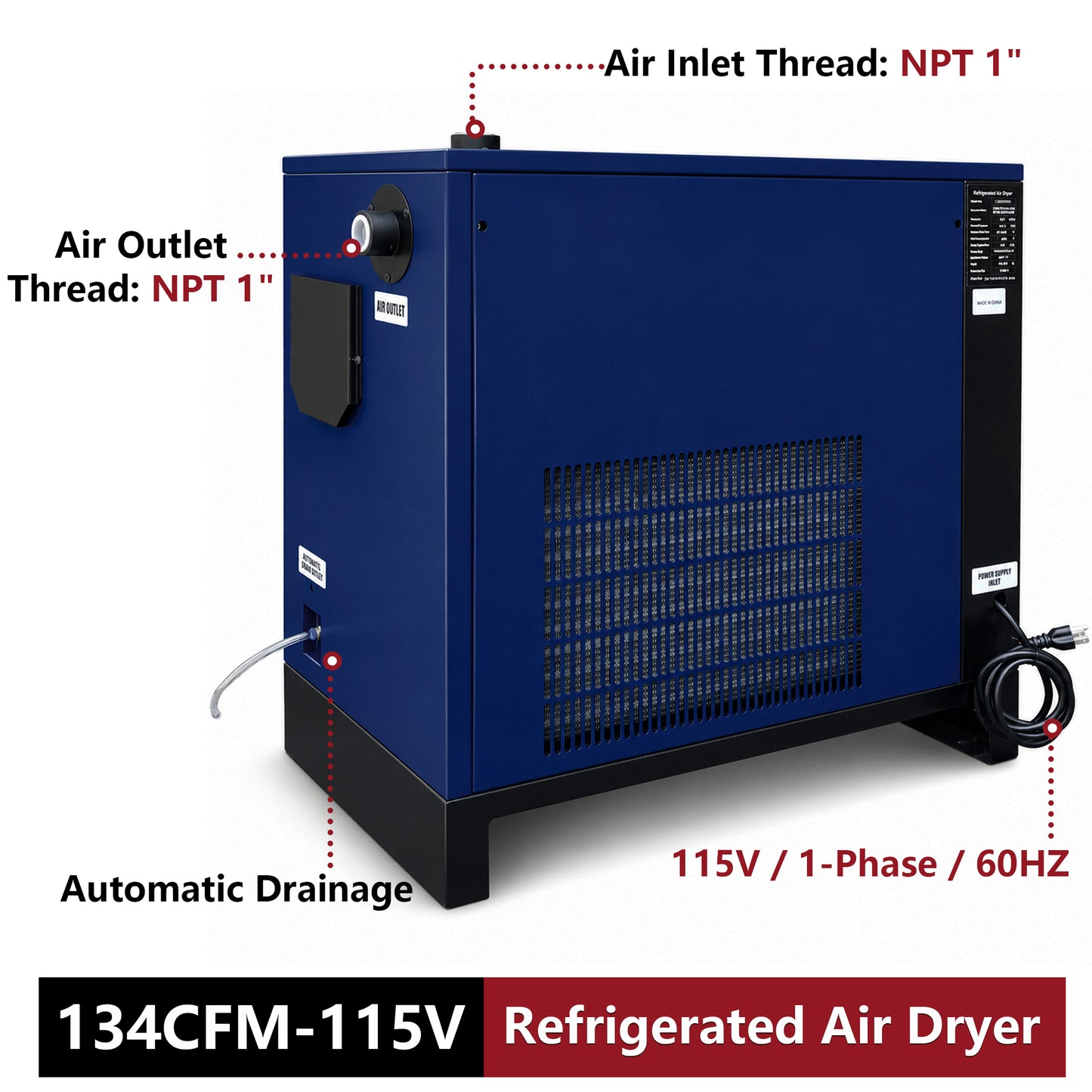 134CFM Refrigerated Air Dryer for 15HP & 20HP & 30HP Air Compressors, 1PHASE 115V, Refrigerated Air Compressor Dryer, Compressed Air Systems, Industrial Refrigerated Compressed Air Dryer