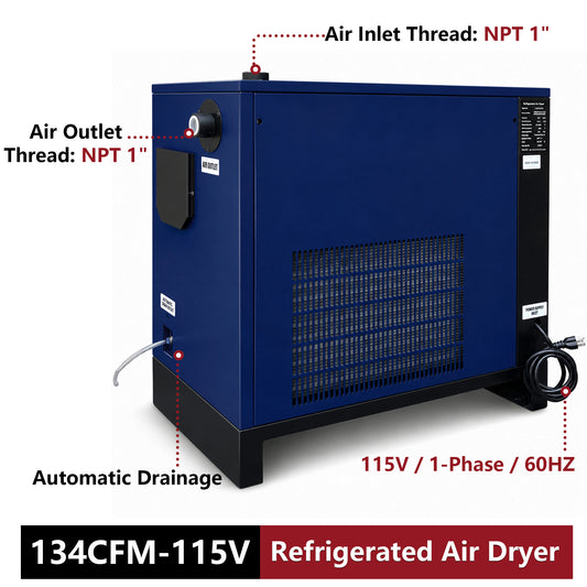 134CFM Refrigerated Air Dryer for 15HP & 20HP & 30HP Air Compressors, 1PHASE 115V, Refrigerated Air Compressor Dryer, Compressed Air Systems, Industrial Refrigerated Compressed Air Dryer