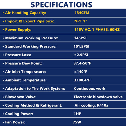 134CFM Refrigerated Air Dryer for 15HP & 20HP & 30HP Air Compressors, 1PHASE 115V, Refrigerated Air Compressor Dryer, Compressed Air Systems, Industrial Refrigerated Compressed Air Dryer