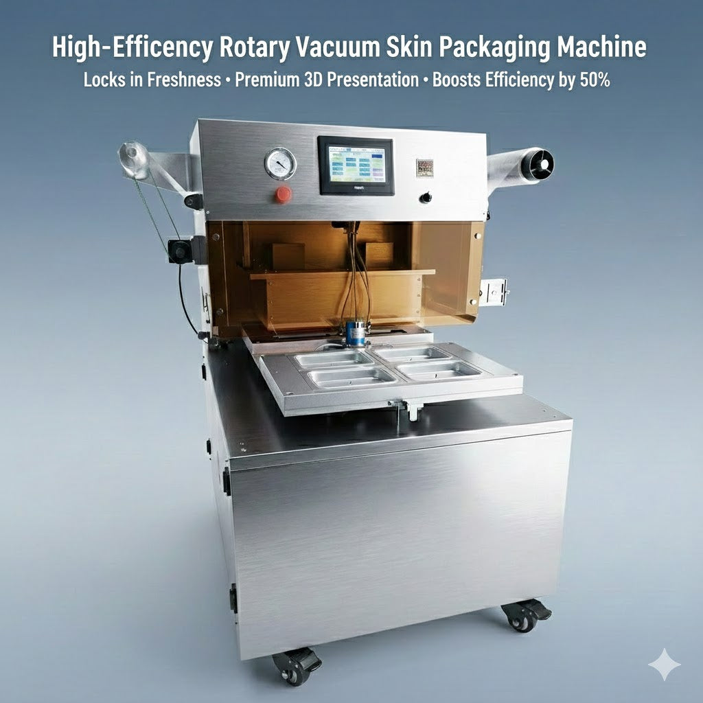 Vacuum skin packaging machine, Rotary cooked food tray vacuum skin packing machine , film cover VSP machine for seafood/steak/pork/fish