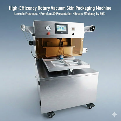 Vacuum skin packaging machine, Rotary cooked food tray vacuum skin packing machine , film cover VSP machine for seafood/steak/pork/fish