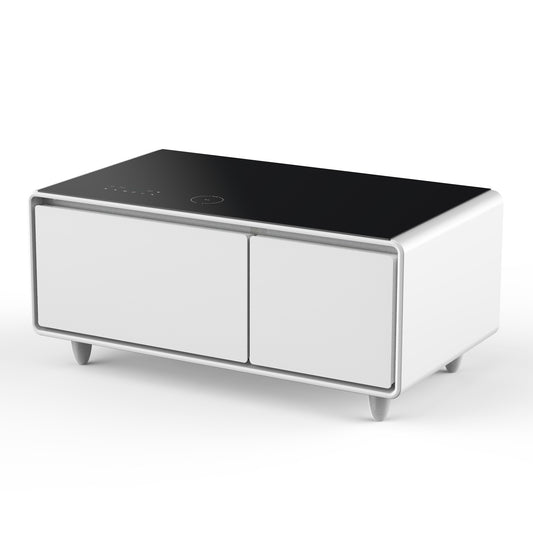 Modern Smart Coffee Table with Built-in Fridge, Bluetooth Speaker, Wireless Charging, Touch Control Panel, USB Ports, Outlet Protection, Atmosphere light, White 