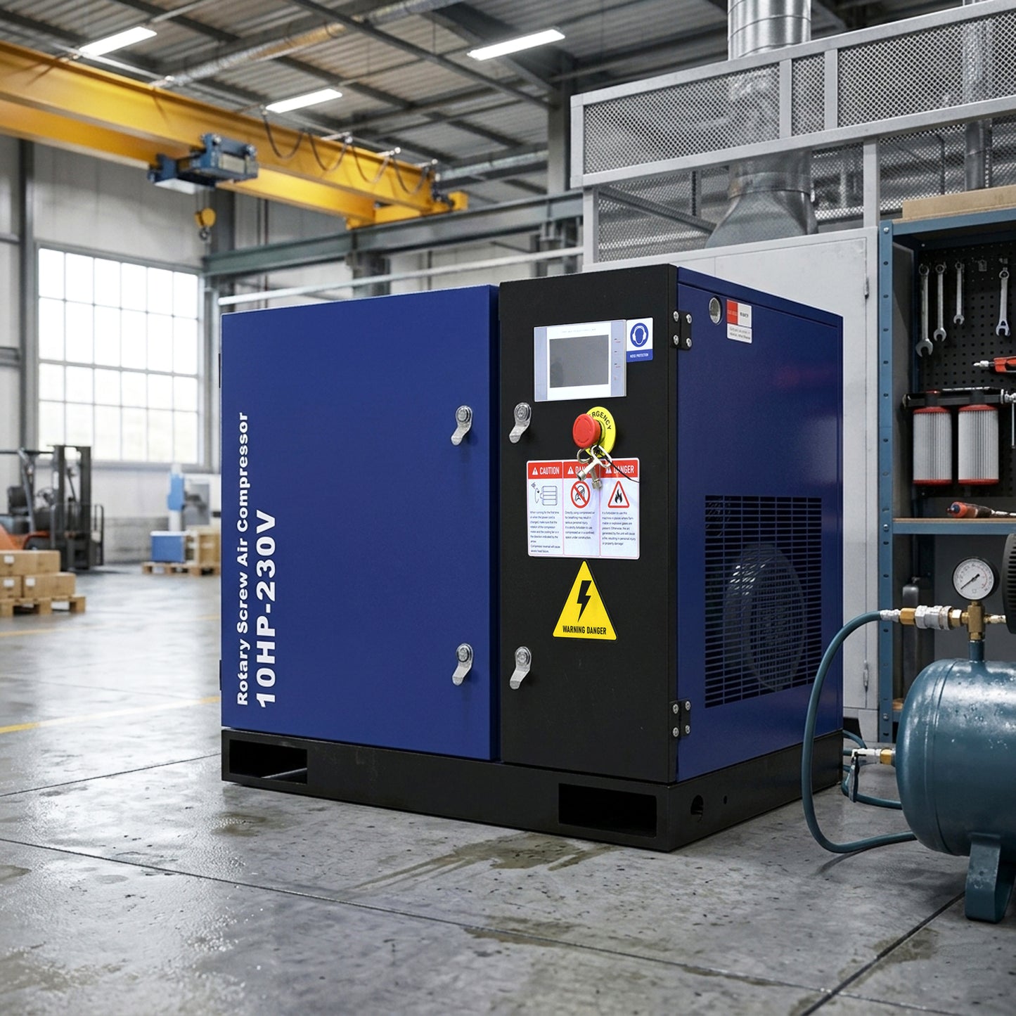 10HP Rotary Screw Air Compressor, 34CFM, 125PSI, 208-230V 3PHASE 60HZ, Fixed Speed Compressor, Industrial-Grade, Heavy Duty Air Compressed System