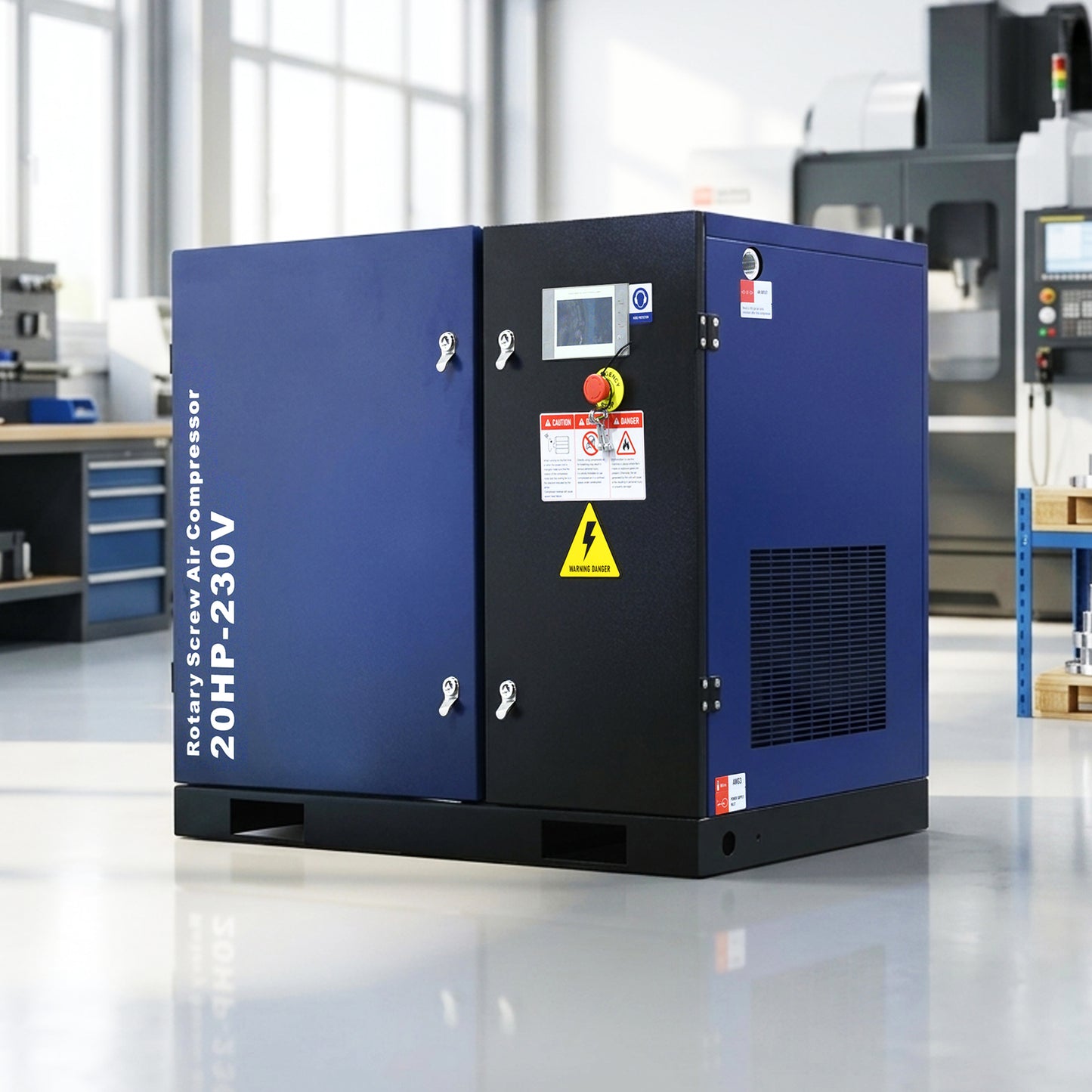 20HP Rotary Screw Air Compressor, 74CFM, 125PSI, 208-230V 3PHASE 60HZ, Fixed Speed Compressor, Industrial-Grade, Heavy Duty Air Compressed System