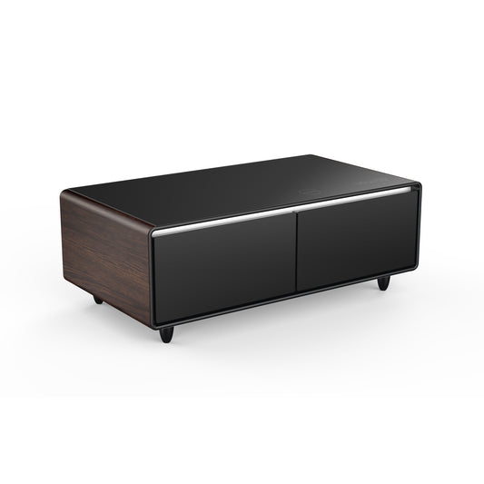 Modern Smart Coffee Table with Built-in Fridge, Bluetooth Speaker, Wireless Charging Module, Touch Control Panel, Power Socket, USB Interface, Outlet Protection, Atmosphere light, and More, Brown 