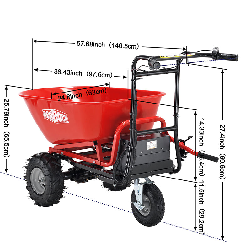 Wheelbarrow Utility Cart Electric Powered Cart 48V28Ah 500W Capacity 500lbs Material Debris Hauler 1000lbs Towing