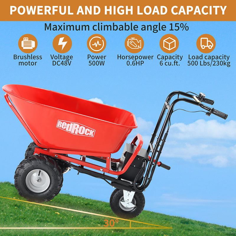 Wheelbarrow Utility Cart Electric Powered Cart 48V28Ah 500W Capacity 500lbs Material Debris Hauler 1000lbs Towing