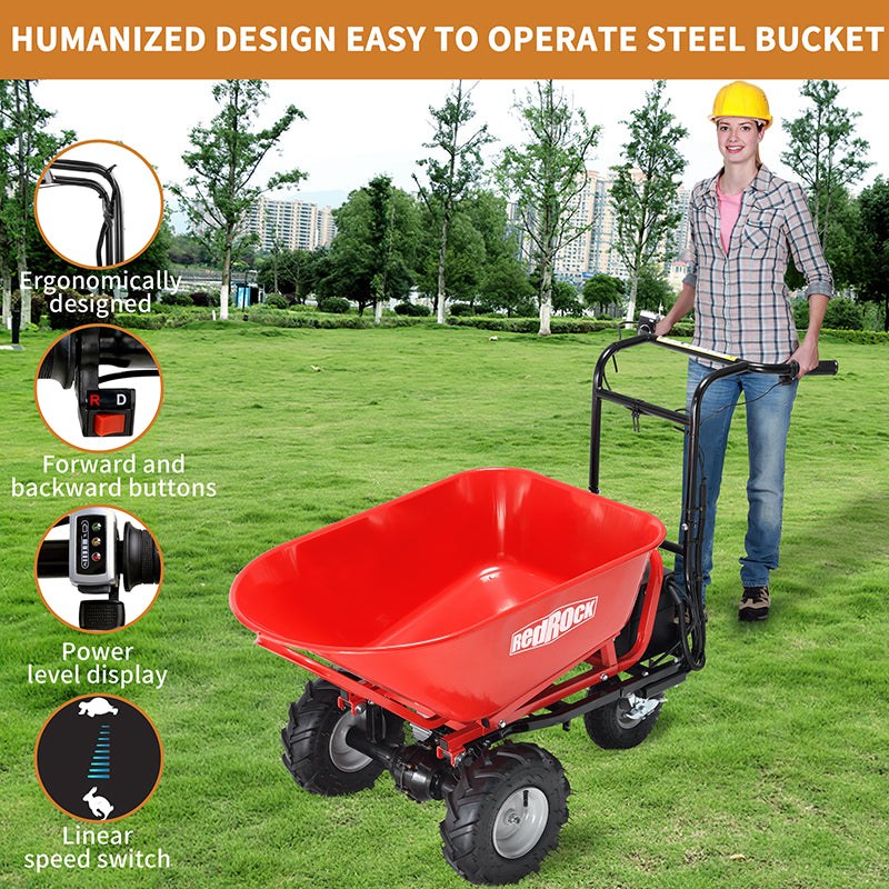 Wheelbarrow Utility Cart Electric Powered Cart 48V28Ah 500W Capacity 500lbs Material Debris Hauler 1000lbs Towing