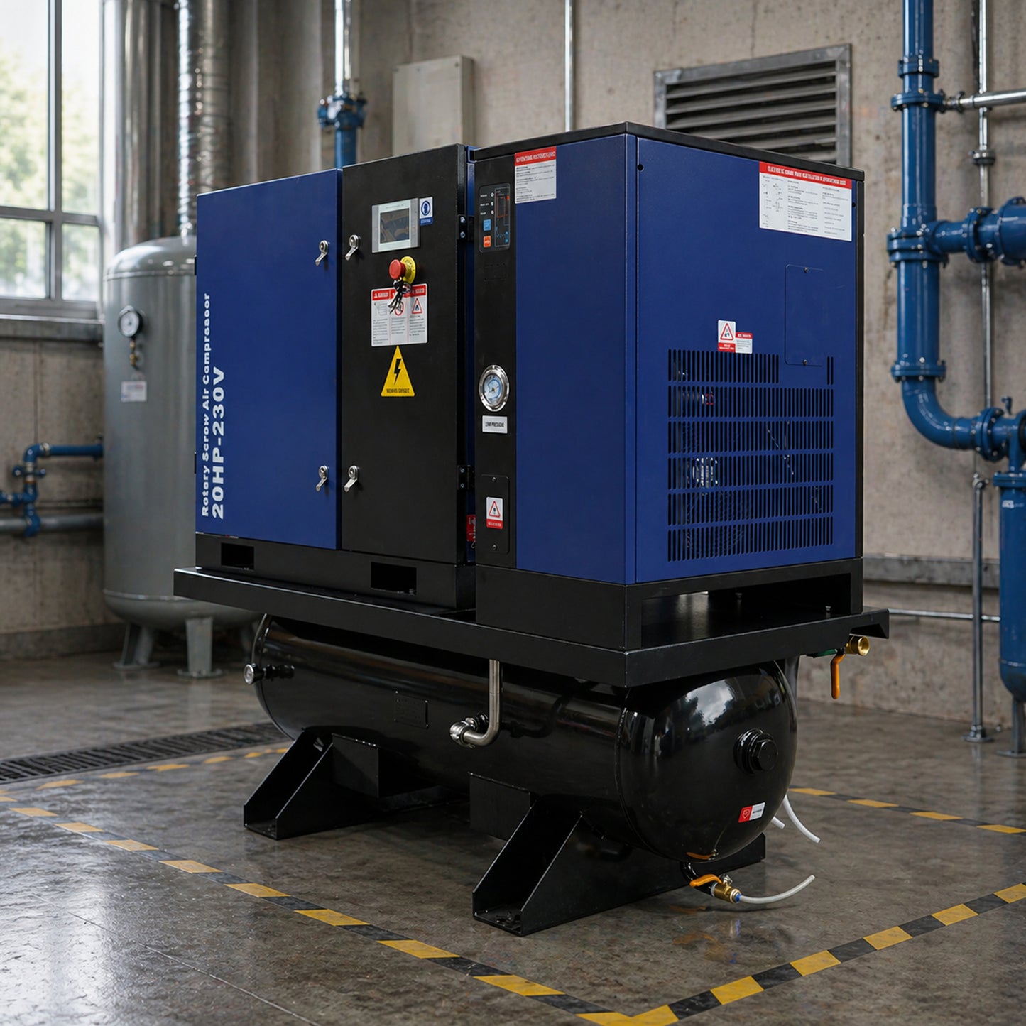 20HP Combined Rotary Screw Air Compressor with Dryer & 68.7-Gal ASME Tank – 74CFM, 125PSI, 230V 3PHASE 60HZ Heavy Duty Air Compressed System – Industrial Grade, 4-in-1