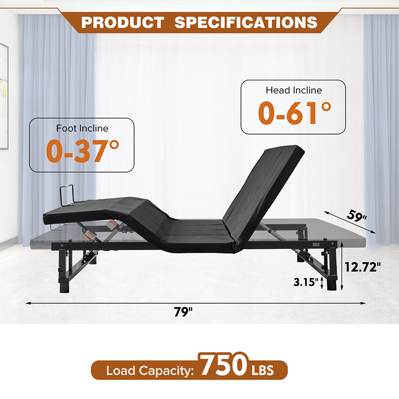 Adjustable Queen Bed Base Frame with Head and Foot Incline Wireless Remote Zero Gravity Quiet Motor