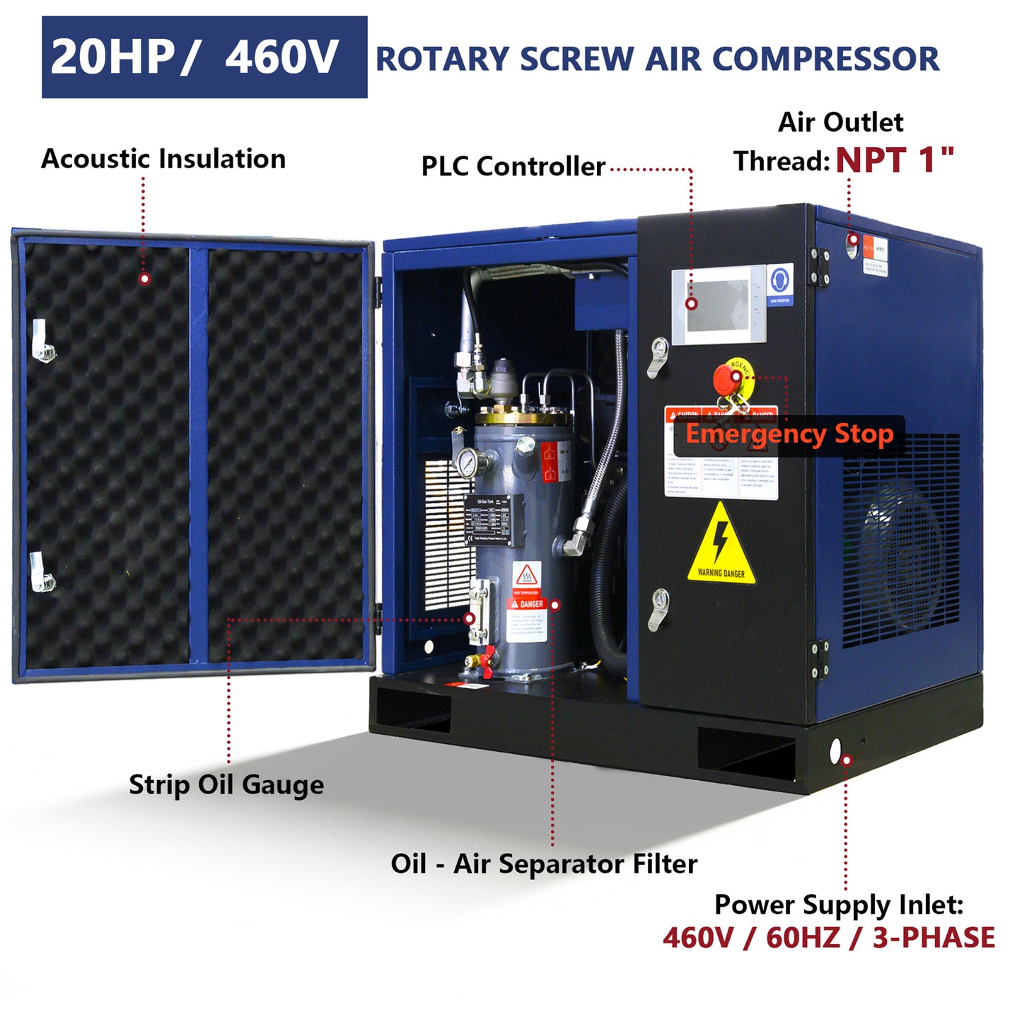 20HP Rotary Screw Air Compressor, 74CFM, 125PSI, 460V 3PHASE 60HZ, Fixed Speed Compressor, Industrial-Grade, Heavy Duty Air Compressed System