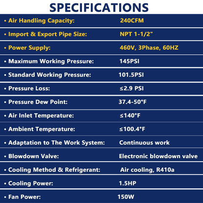 240CFM Refrigerated Air Dryer for 50HP-460V Rotary Air Compressors, 3PHASE 460V Refrigerated Air Dryer, Compressed Air Systems, Industrial Refrigerated Compressed Air Dryer