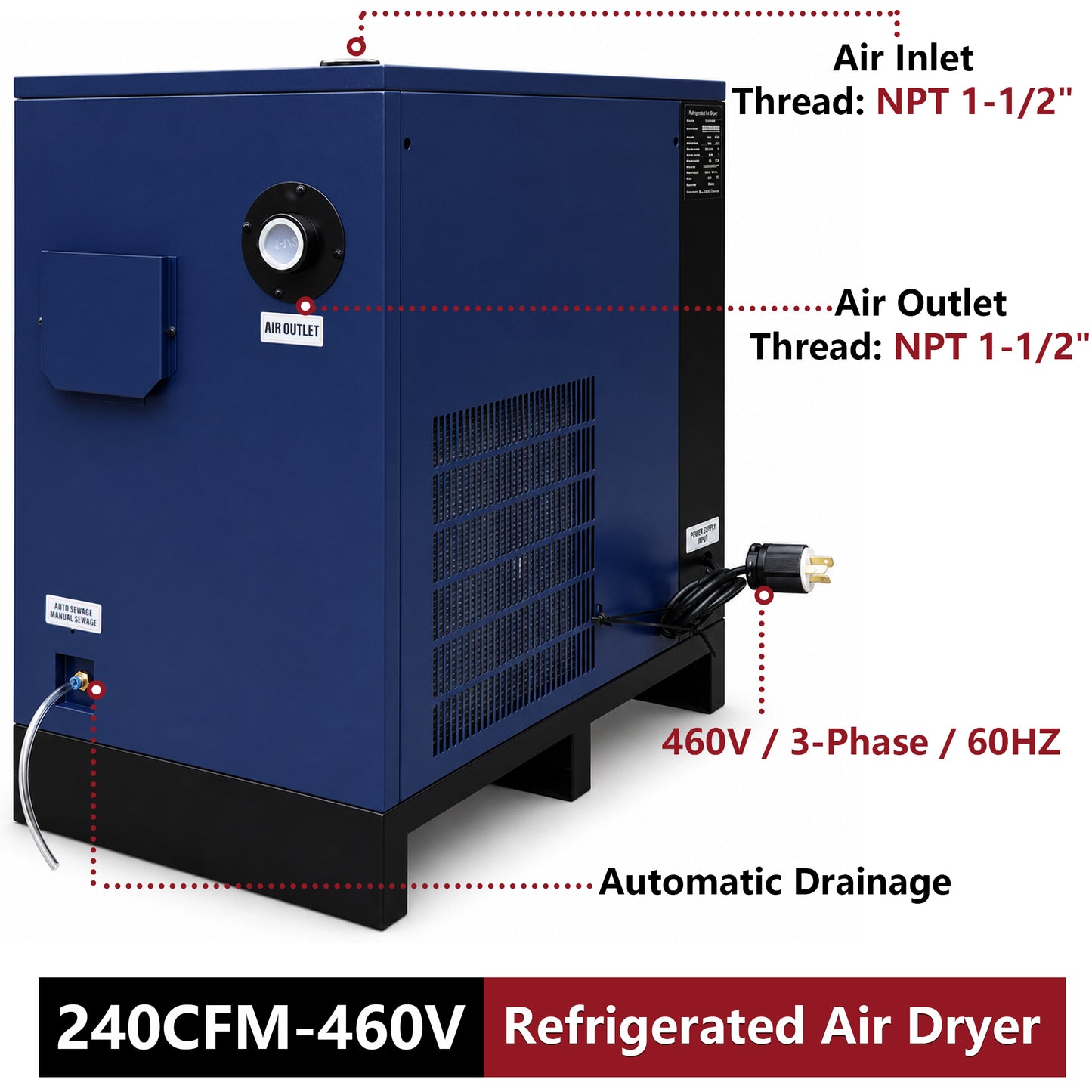 240CFM Refrigerated Air Dryer for 50HP-460V Rotary Air Compressors, 3PHASE 460V Refrigerated Air Dryer, Compressed Air Systems, Industrial Refrigerated Compressed Air Dryer