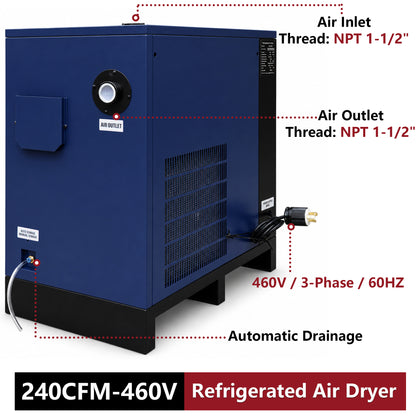 240CFM Refrigerated Air Dryer for 50HP-460V Rotary Air Compressors, 3PHASE 460V Refrigerated Air Dryer, Compressed Air Systems, Industrial Refrigerated Compressed Air Dryer
