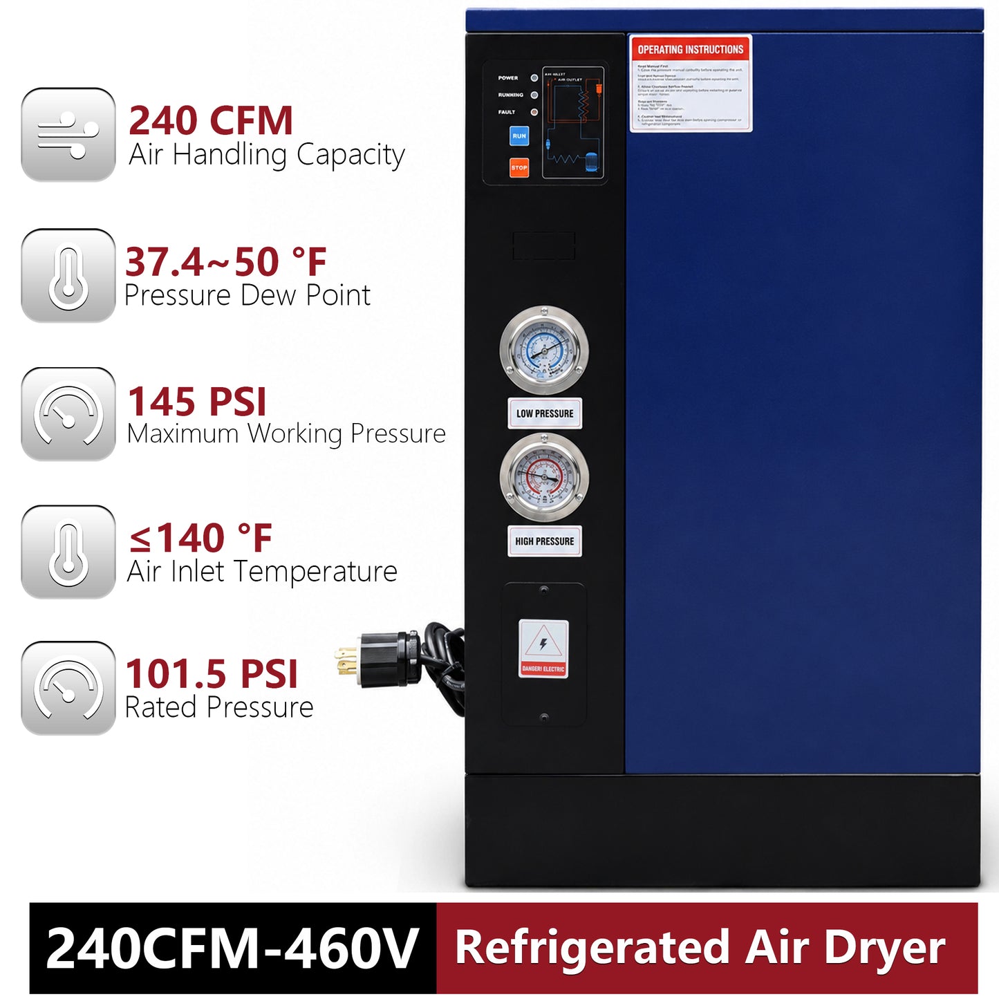 240CFM Refrigerated Air Dryer for 50HP-460V Rotary Air Compressors, 3PHASE 460V Refrigerated Air Dryer, Compressed Air Systems, Industrial Refrigerated Compressed Air Dryer