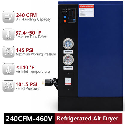 240CFM Refrigerated Air Dryer for 50HP-460V Rotary Air Compressors, 3PHASE 460V Refrigerated Air Dryer, Compressed Air Systems, Industrial Refrigerated Compressed Air Dryer