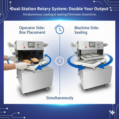 Vacuum skin packaging machine, Rotary cooked food tray vacuum skin packing machine , film cover VSP machine for seafood/steak/pork/fish