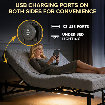 Adjustable Bed Base Frame Head and Foot Incline Quiet Motor King Size Zero Gravity, 4 Ports USB, Under-Bed Nightlight