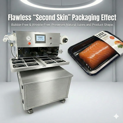 Vacuum skin packaging machine, Rotary cooked food tray vacuum skin packing machine , film cover VSP machine for seafood/steak/pork/fish
