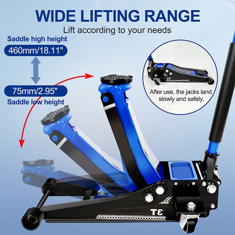 3Ton/6600lbs Low Profile Floor Jack, Lifting Range 75mm/2.95" - 460mm/18.11"