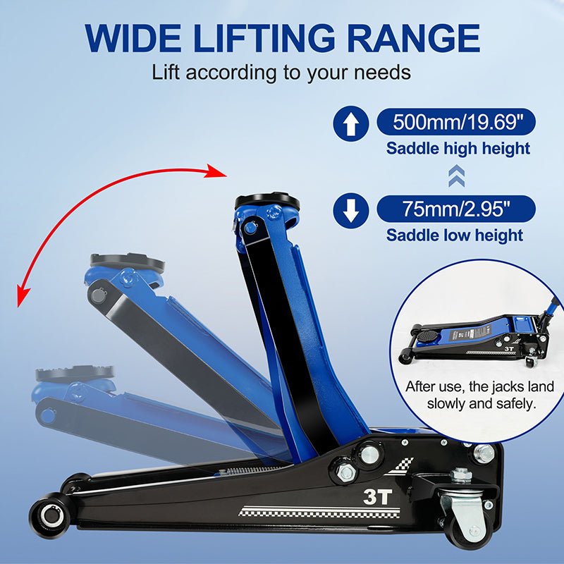 3Ton/6600lbs Low Profile Floor Jack,Lifting Range 75mm/2.95" - 500mm/19.69"