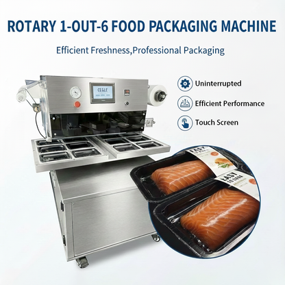 Vacuum skin packaging machine, Rotary cooked food tray vacuum skin packing machine , film cover VSP machine for seafood/steak/pork/fish