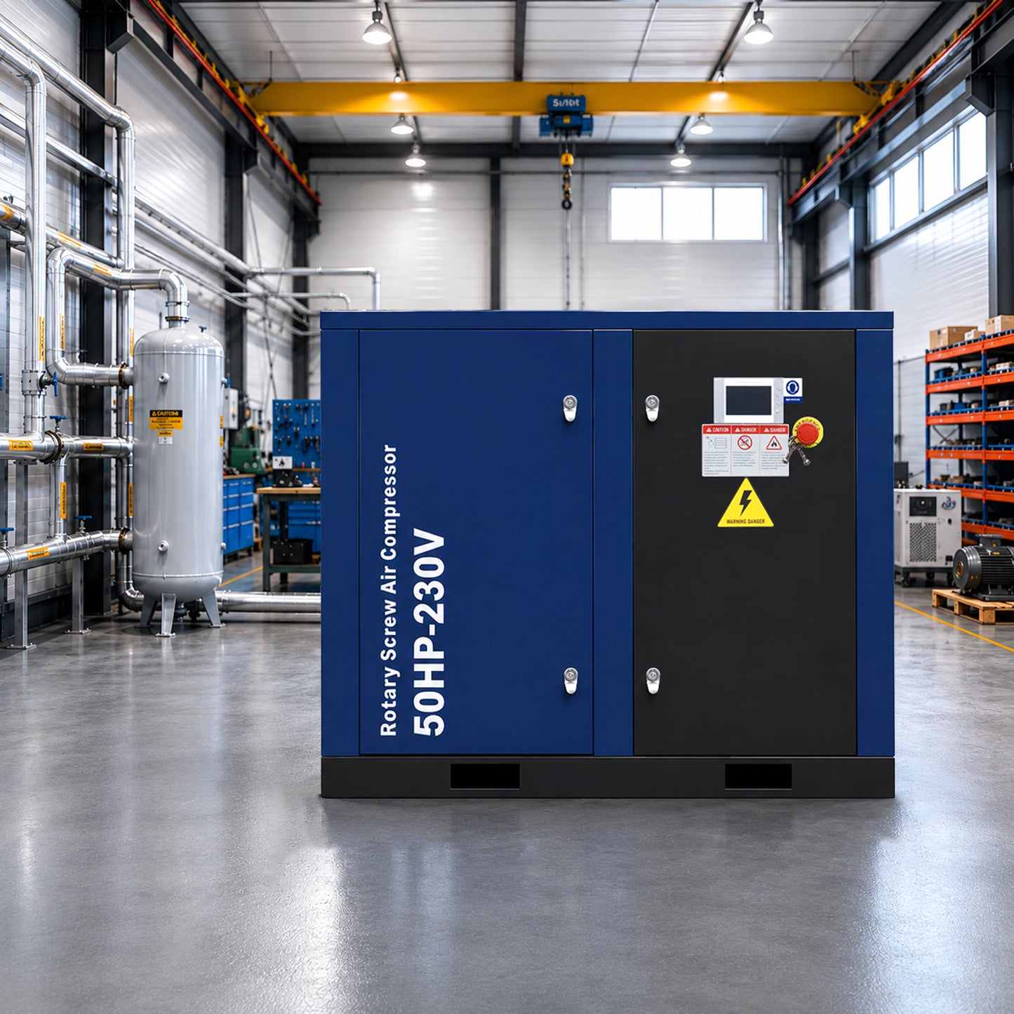 50HP Rotary Screw Air Compressor, 219CFM, 125PSI, 230V 3PHASE 60HZ, Fixed Speed Compressor, Industrial-Grade, Heavy Duty Air Compressed System