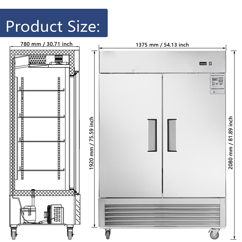 54"W Freezer 2 Section 2 Door Stainless Steel Reach - in 42.2 Cu.ft.