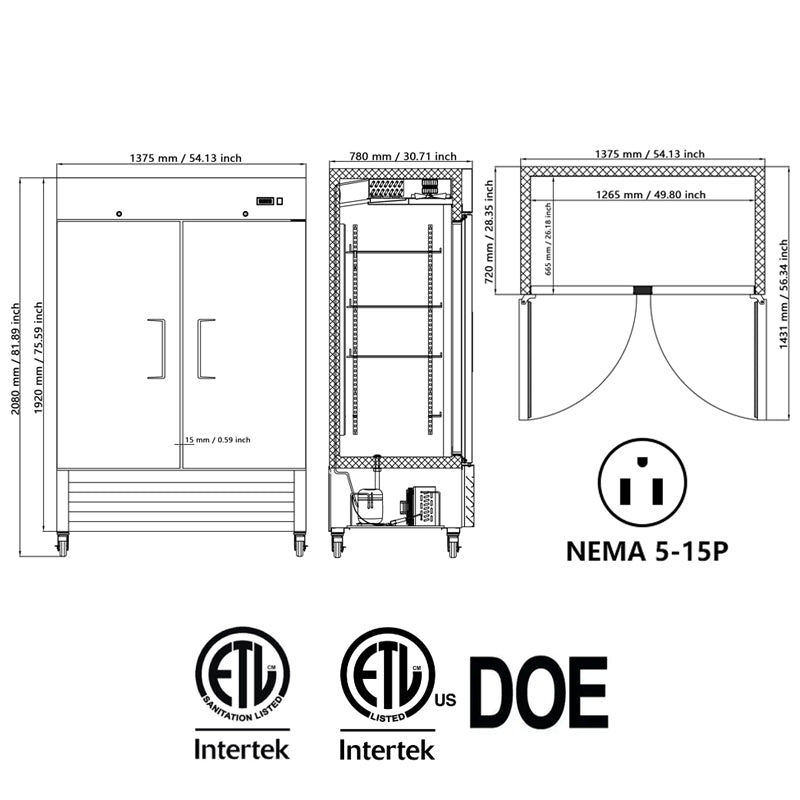 54"W Freezer 2 Section 2 Door Stainless Steel Reach - in 42.2 Cu.ft.