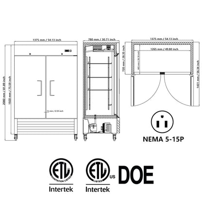 54"W Freezer 2 Section 2 Door Stainless Steel Reach - in 42.2 Cu.ft.
