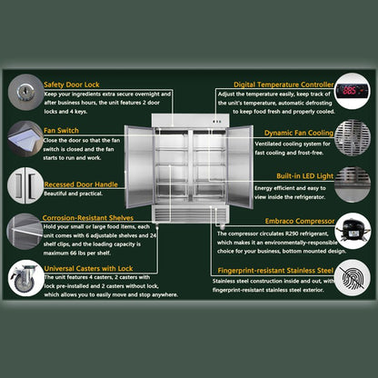 54"W Refrigerator 2 Section 2 Door Stainless Steel Reach - in 42.2 Cu.ft.
