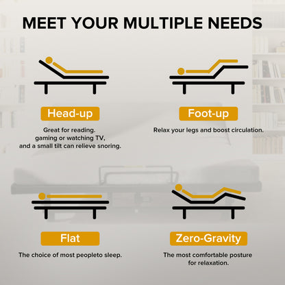 Adjustable Bed Base Frame Head and Foot Incline Quiet Motor King Size Zero Gravity, 4 Ports USB, Under-Bed Nightlight