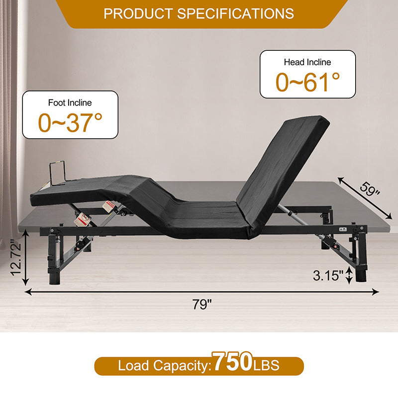 Adjustable Queen Bed Base Frame with Head and Foot Incline Wireless Remote 4 Ports USB